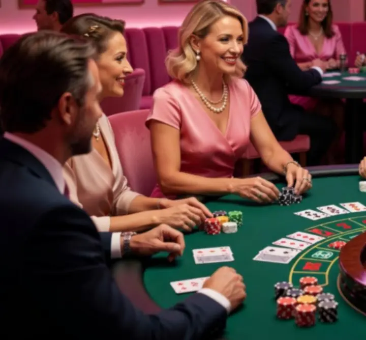 Kaszinóasztal hangulatos megvilágításban rulett és blackjack játékokkal