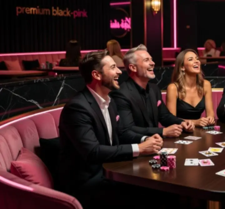 Elegáns kaszinó est üzleti lounge környezetben, rulett és blackjack asztalokkal