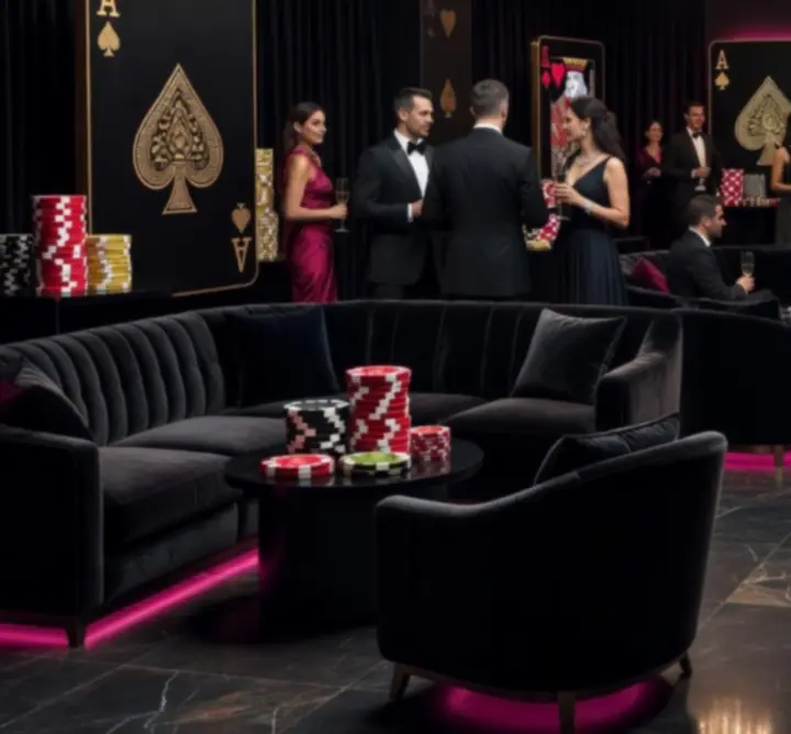 Prémium lounge enteriőr magenta fényekkel és kaszinó stílusú díszletekkel.